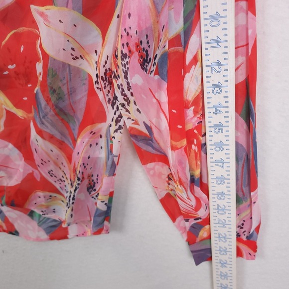 Chicos Pleated Sleeve Blouse Dreamy Lily Floral Watermelon Punch Red Pink 1.5 - Picture 14 of 15